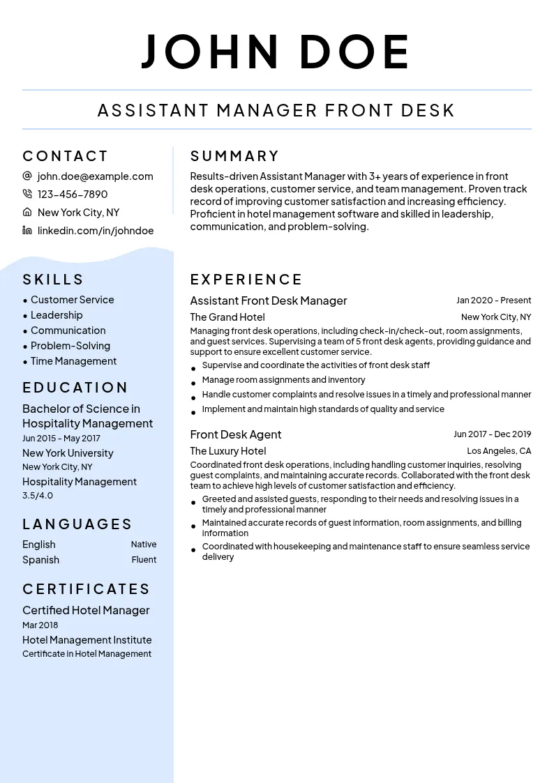 Assistant Manager Front Desk resume example
