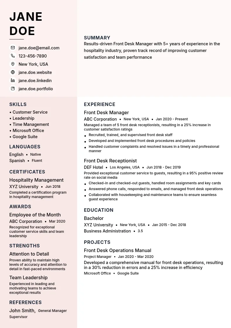 Front Desk Manager resume example