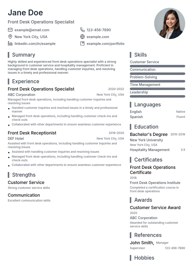 Front Desk Operations Specialist resume example