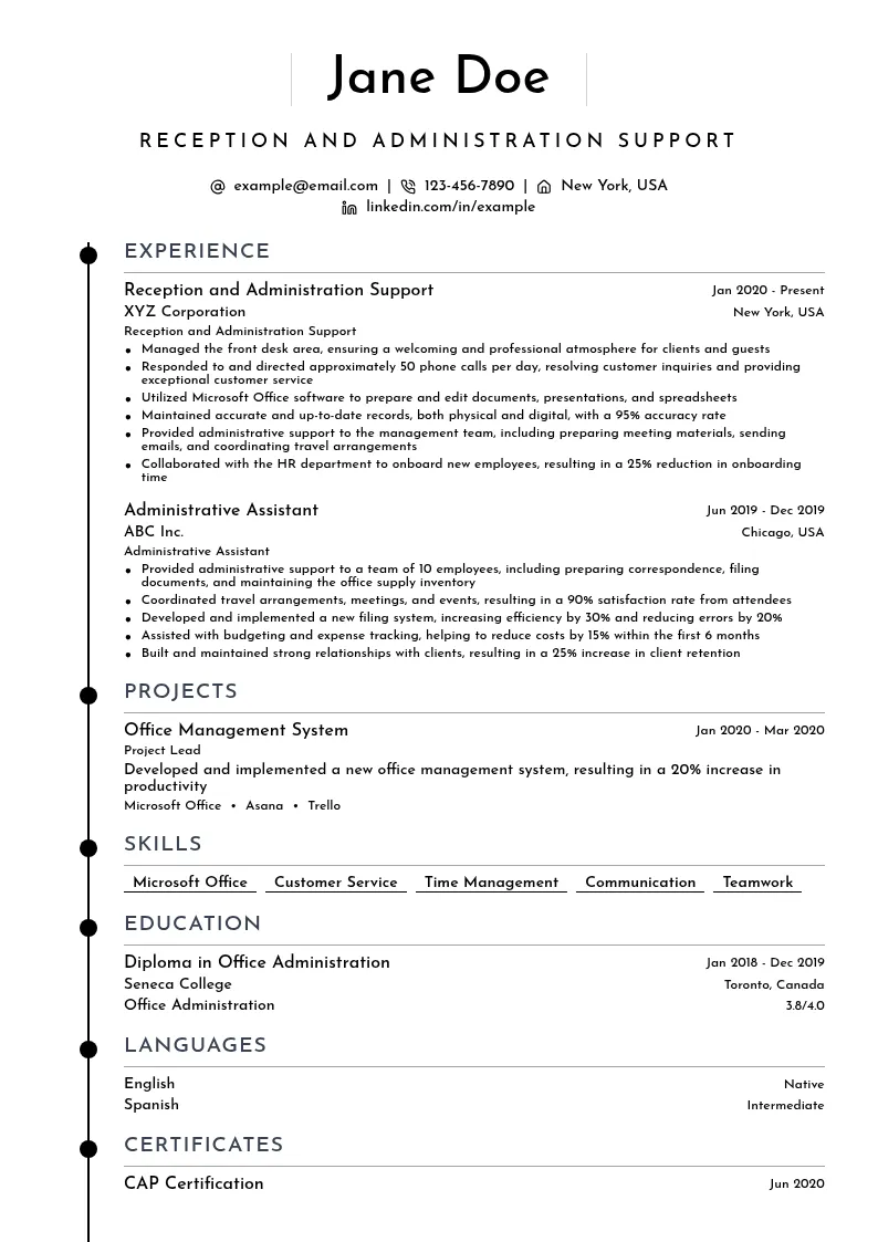 Reception and Administration Support resume example