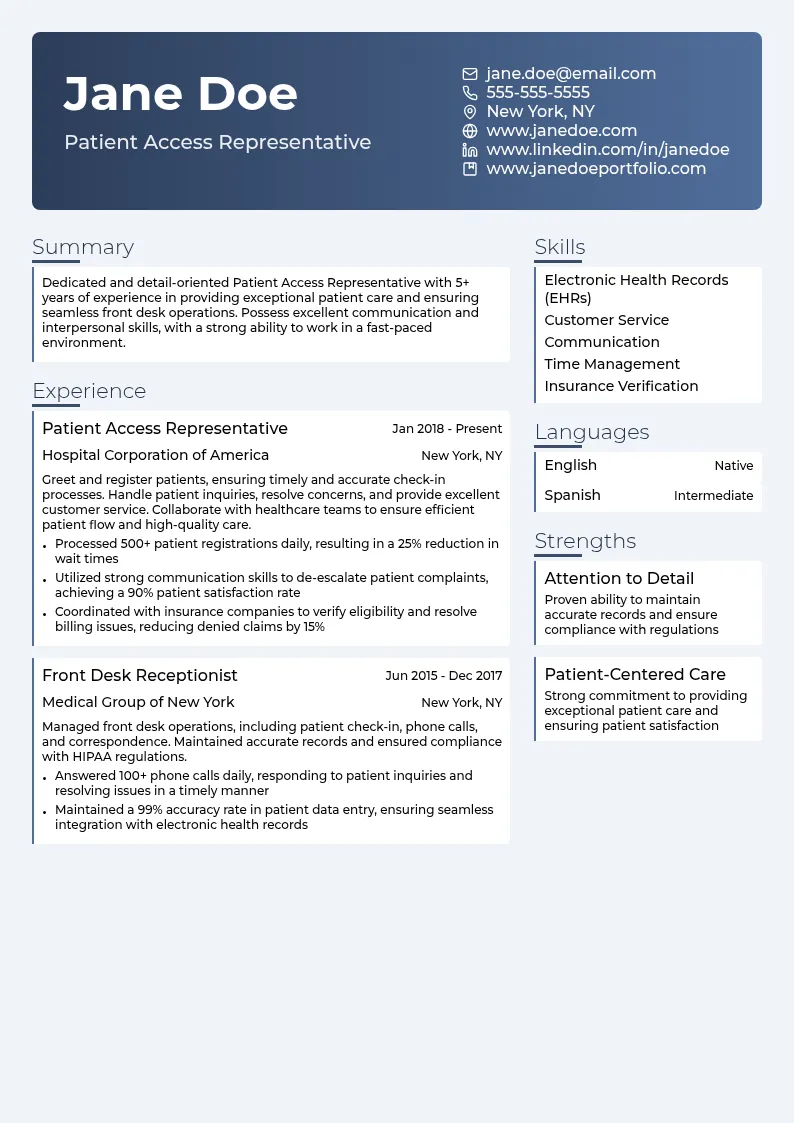 Patient Access Representative resume example