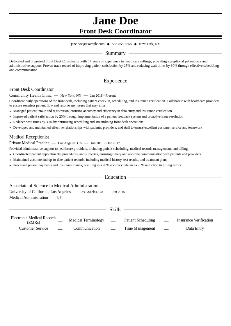 Front Desk Coordinator Healthcare resume example