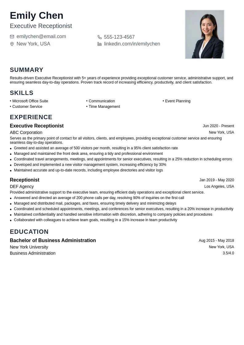 Executive Receptionist resume example
