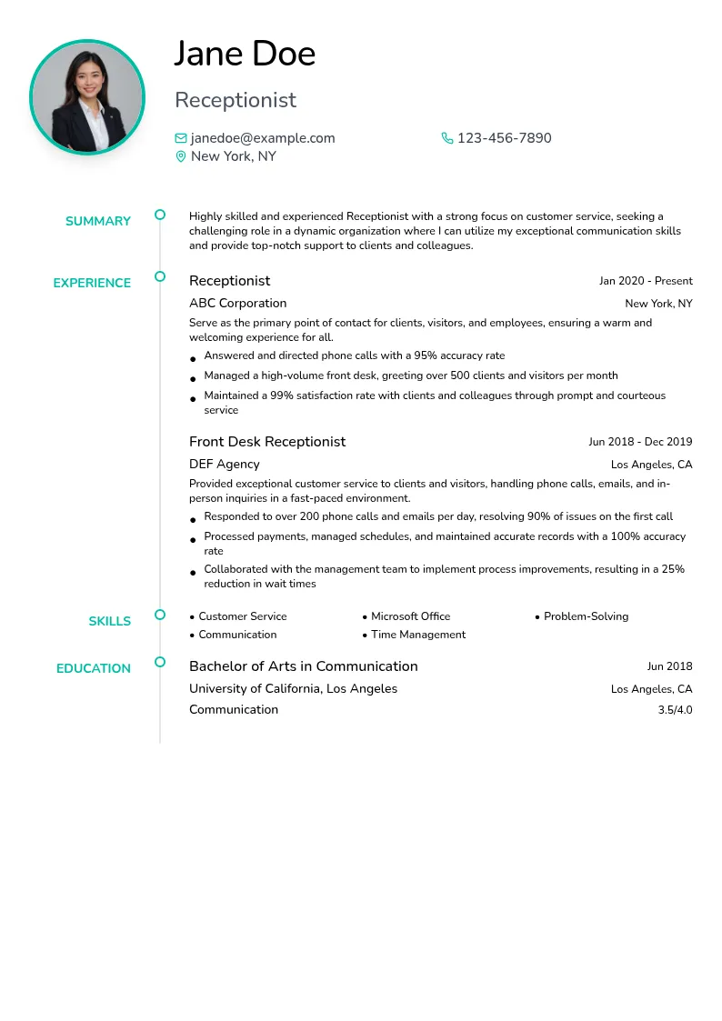 Receptionist with Customer Service Focus resume example