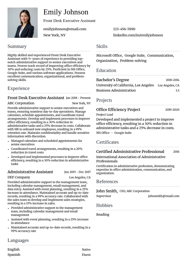 Front Desk Executive Assistant resume example