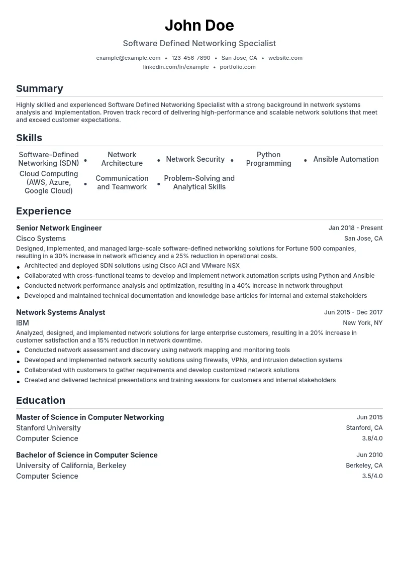 Software Defined Networking Specialist resume example