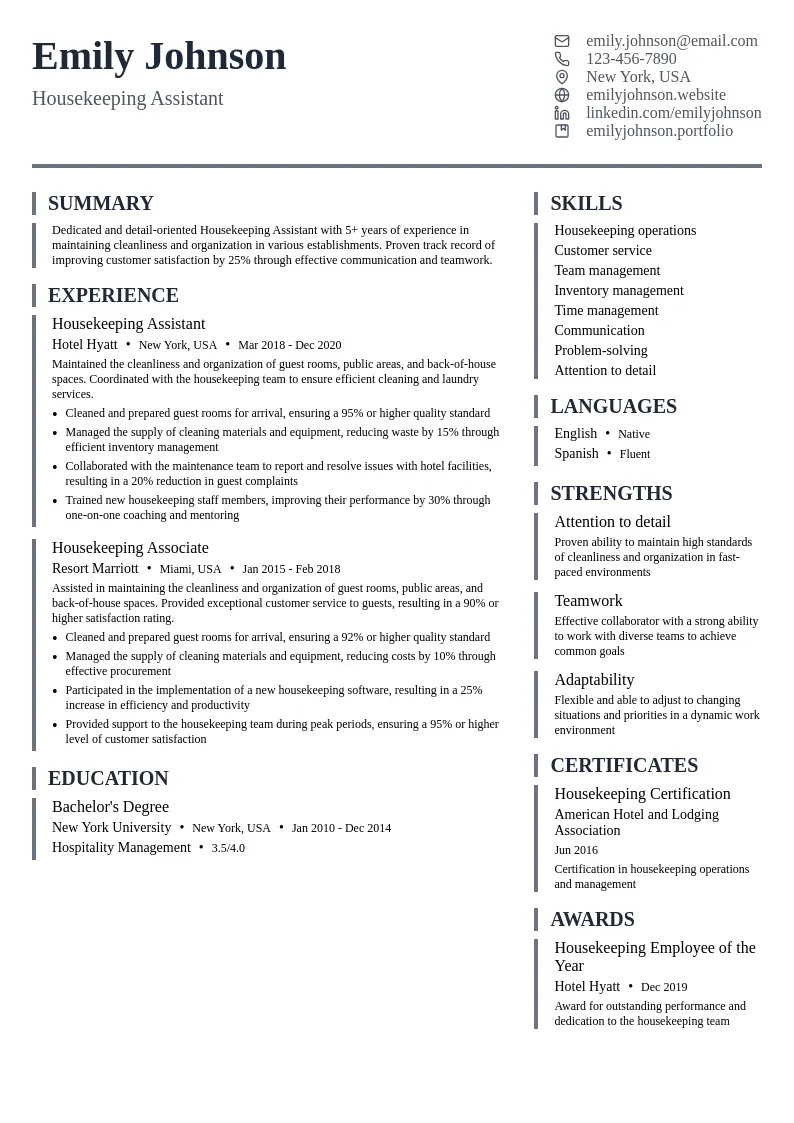Housekeeping Assistant resume example