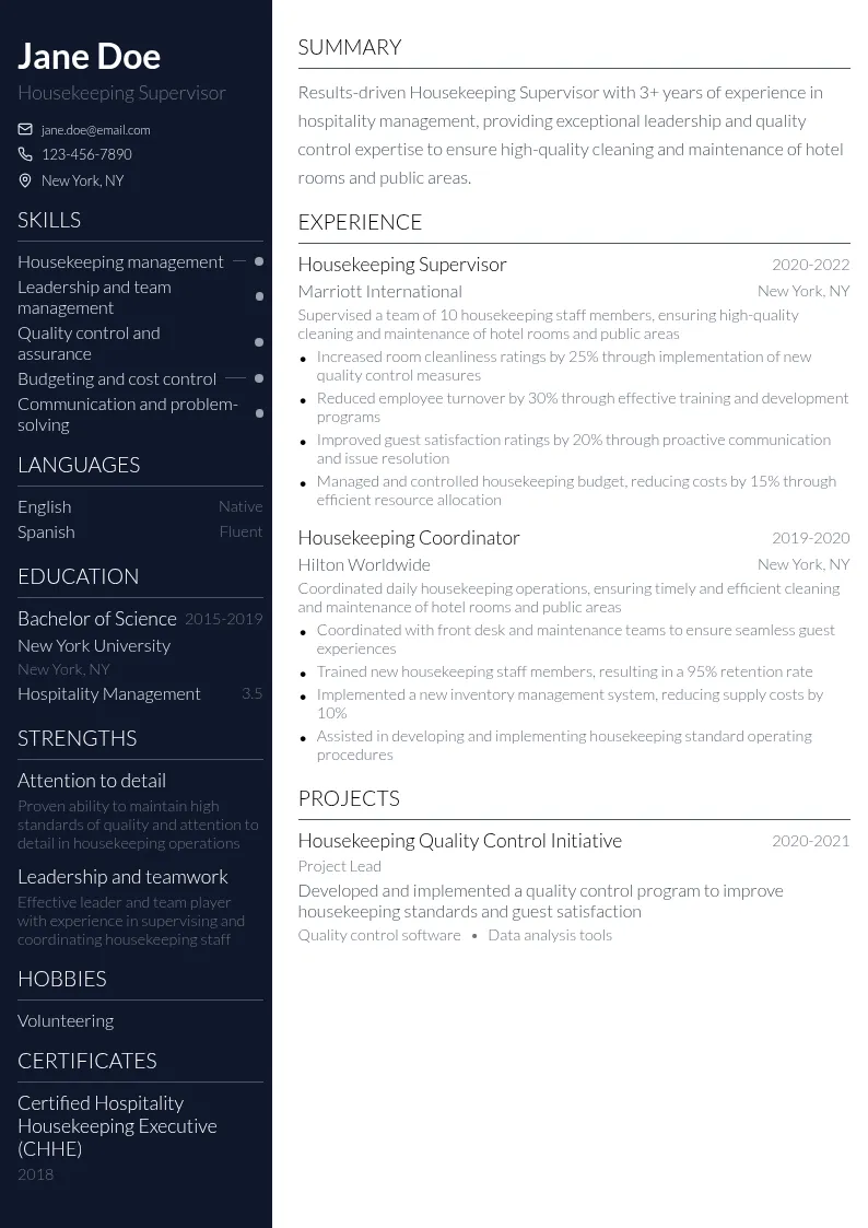 Housekeeping Supervisor resume example