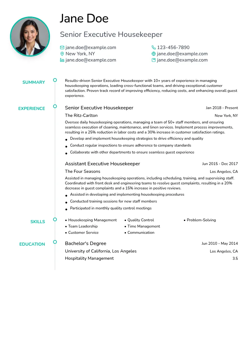 Senior Executive Housekeeper resume example