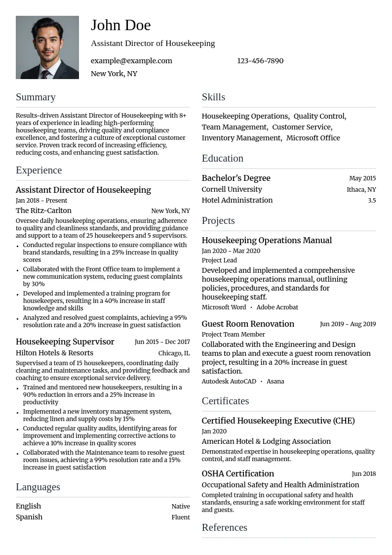 Assistant Director of Housekeeping resume example