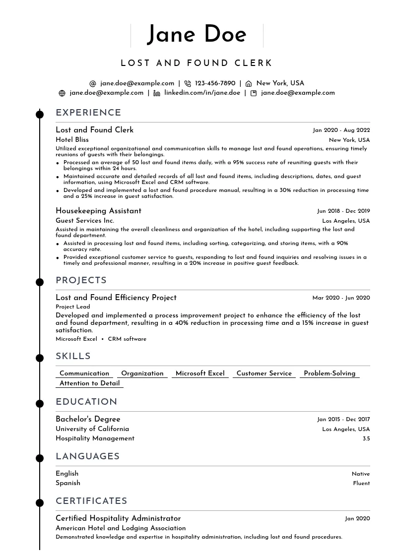 Lost and Found Clerk resume example
