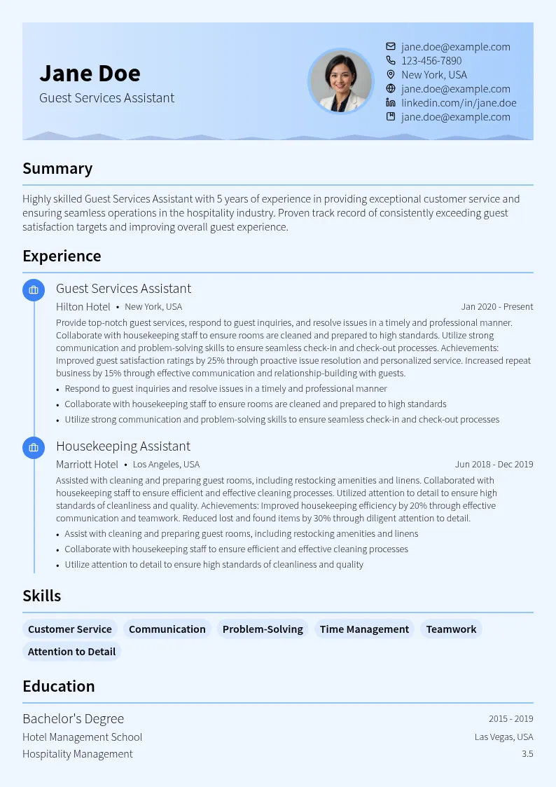 Guest Services Assistant resume example