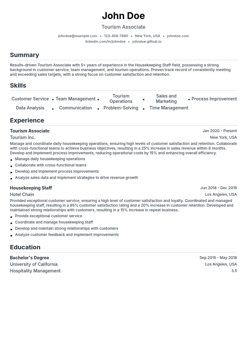 Tourism Associate resume example