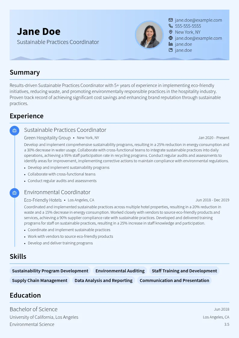 Sustainable Practices Coordinator resume example