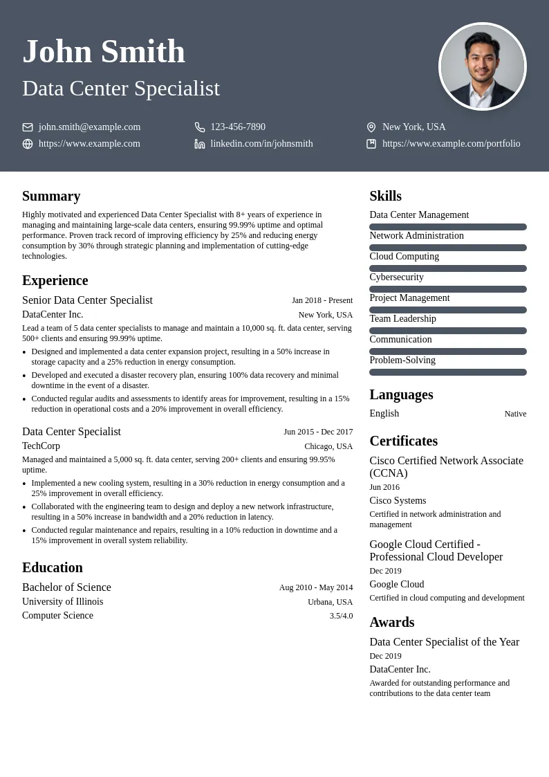 Data Center Specialist resume example