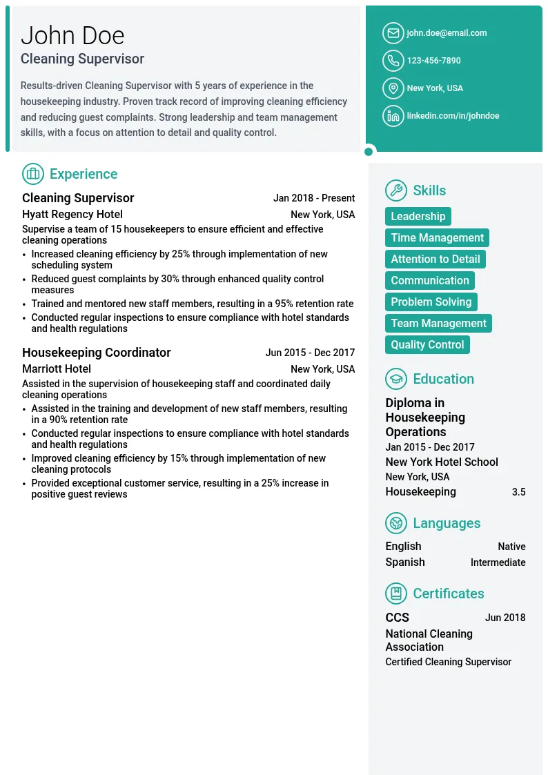 Cleaning Supervisor resume example