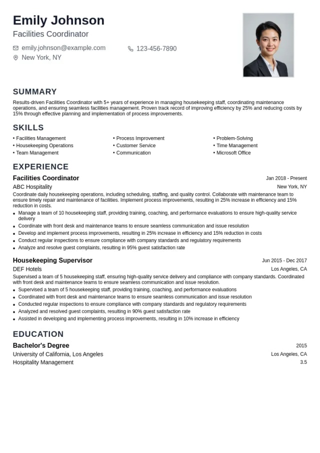 Facilities Coordinator resume example