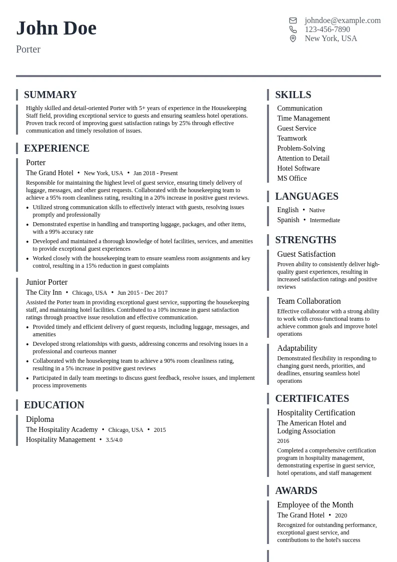 Porter resume example