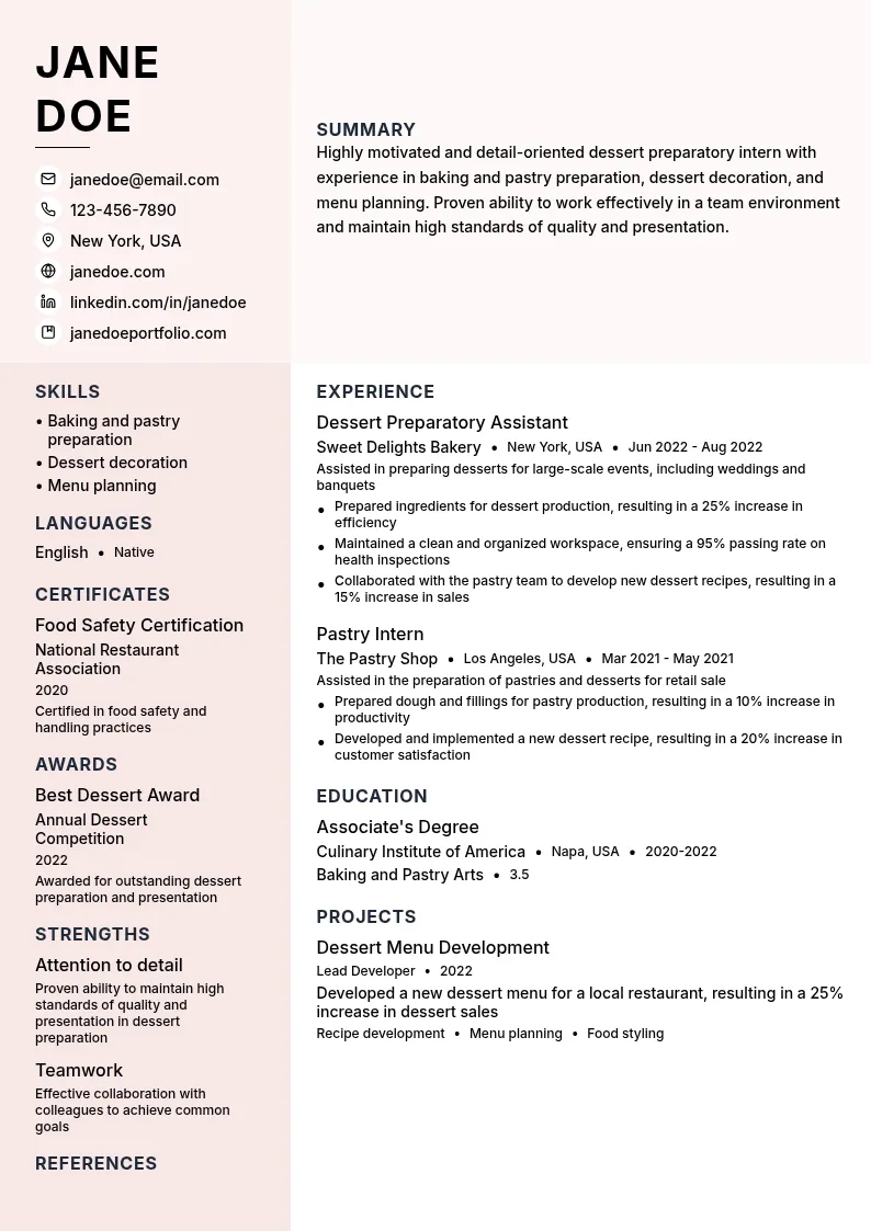 Dessert Preparatory Intern resume example