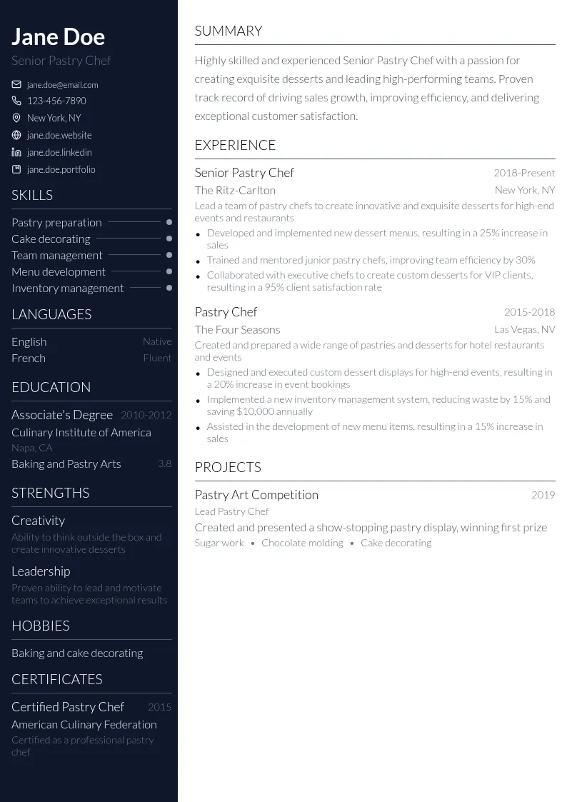 Senior Pastry Chef resume example