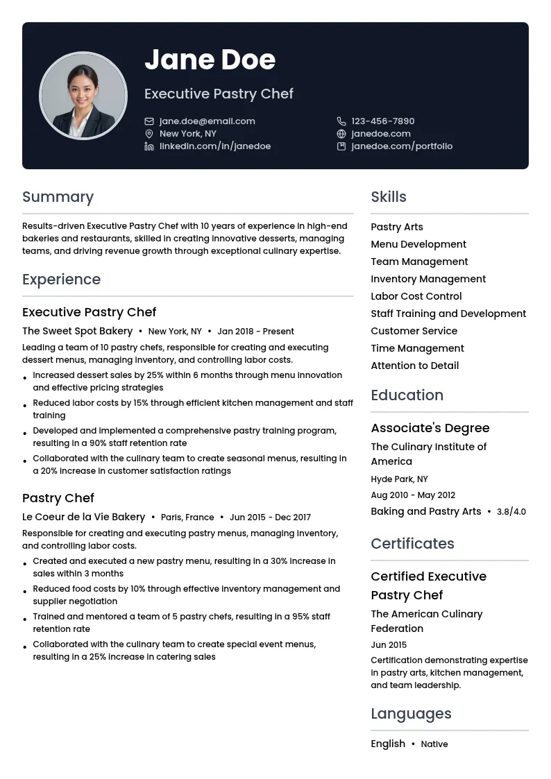 Executive Pastry Chef resume example