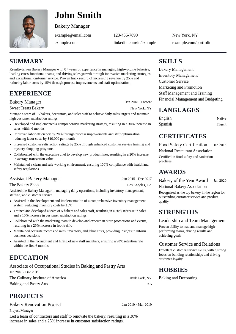 Bakery Manager resume example