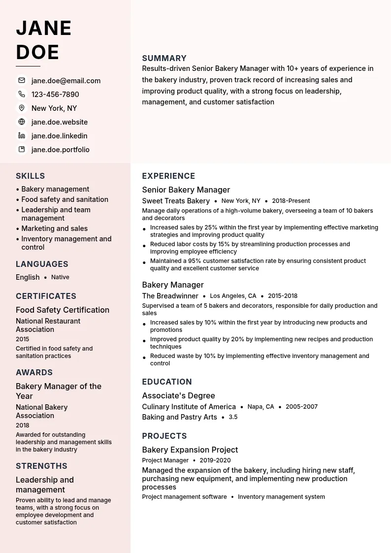 Senior Bakery Manager resume example