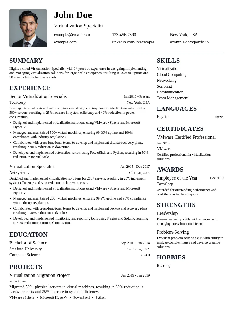 Virtualization Specialist resume example