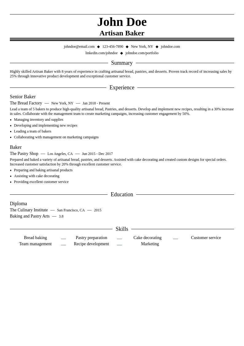 Artisan Baker resume example