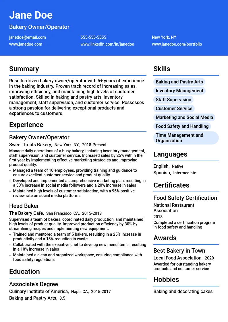 Bakery Owner/Operator resume example