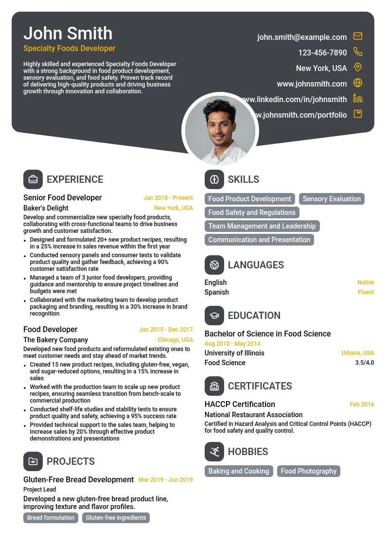 Specialty Foods Developer resume example