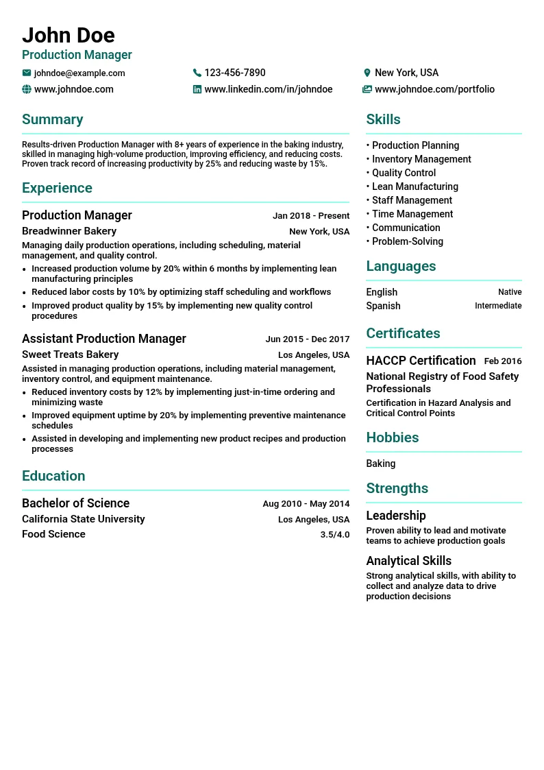 Production Manager resume example