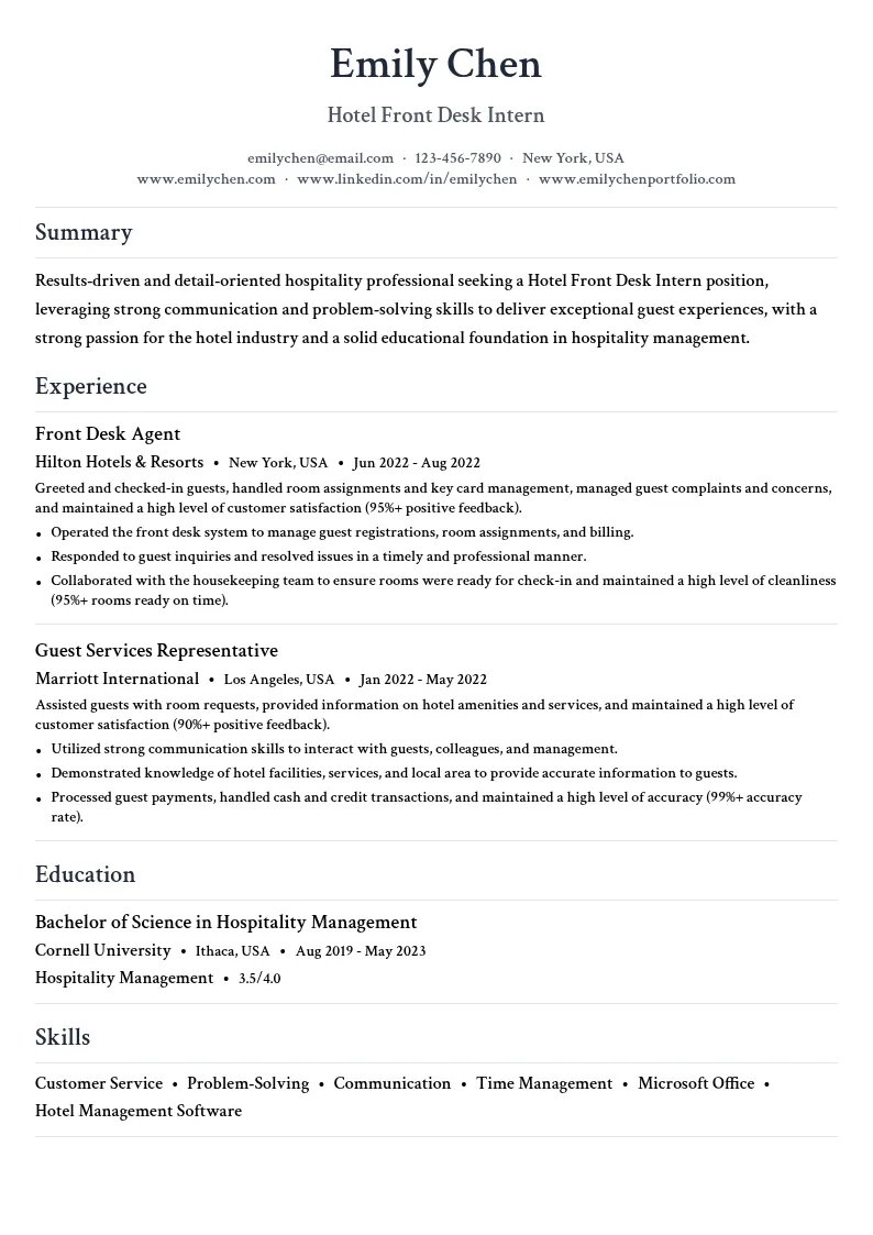 Hotel Front Desk Intern resume example