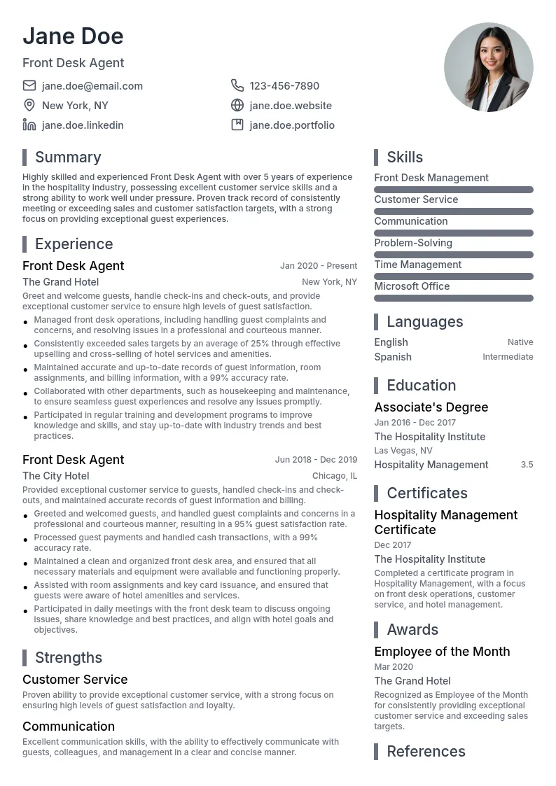 Front Desk Agent resume example