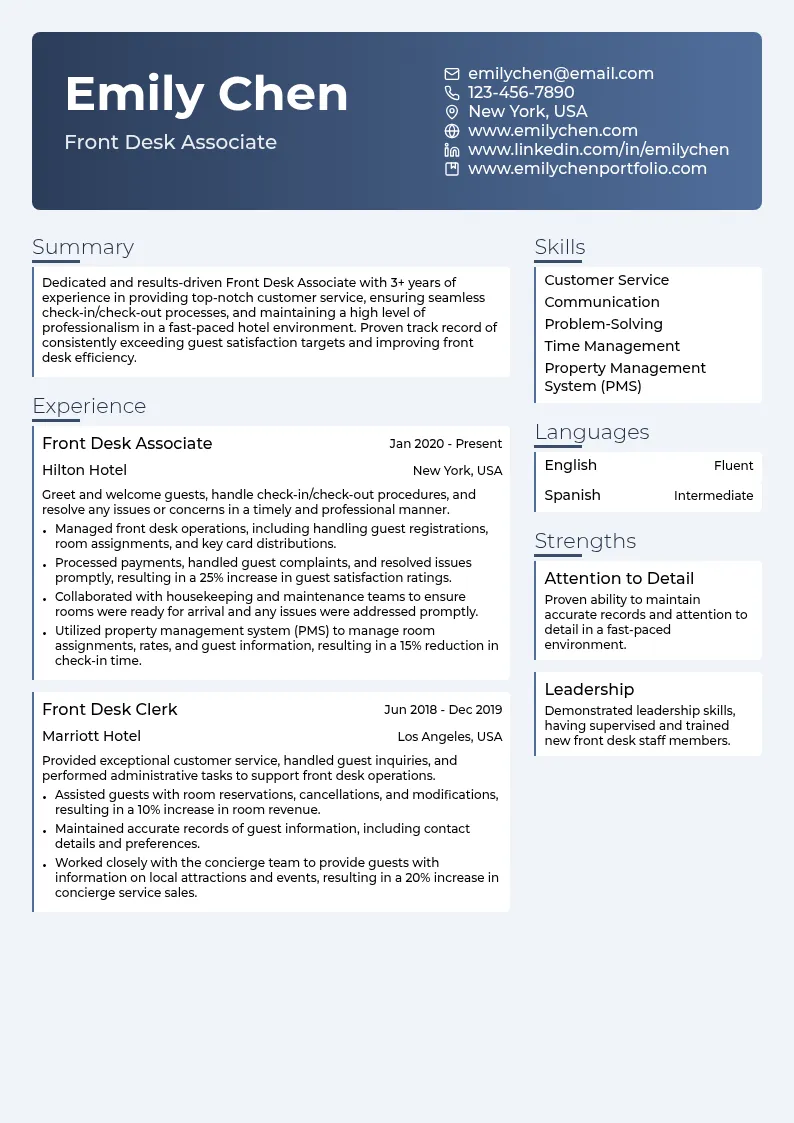 Front Desk Associate resume example