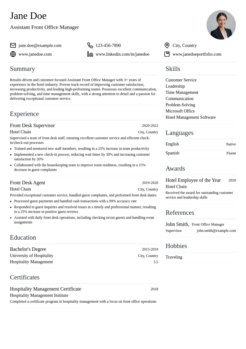 Assistant Front Office Manager resume example