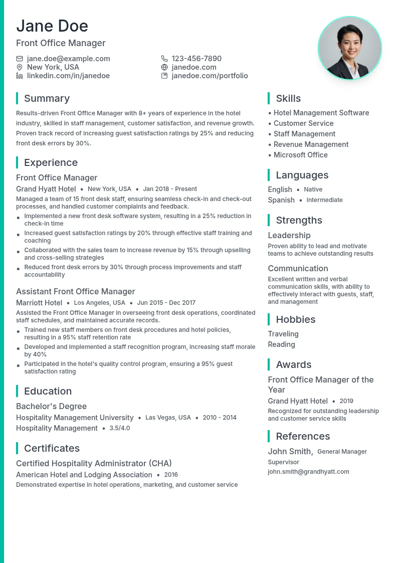 Front Office Manager resume example