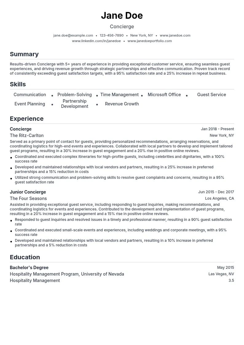 Concierge resume example