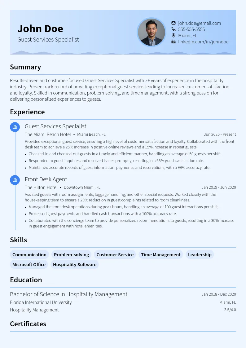 Guest Services Specialist resume example