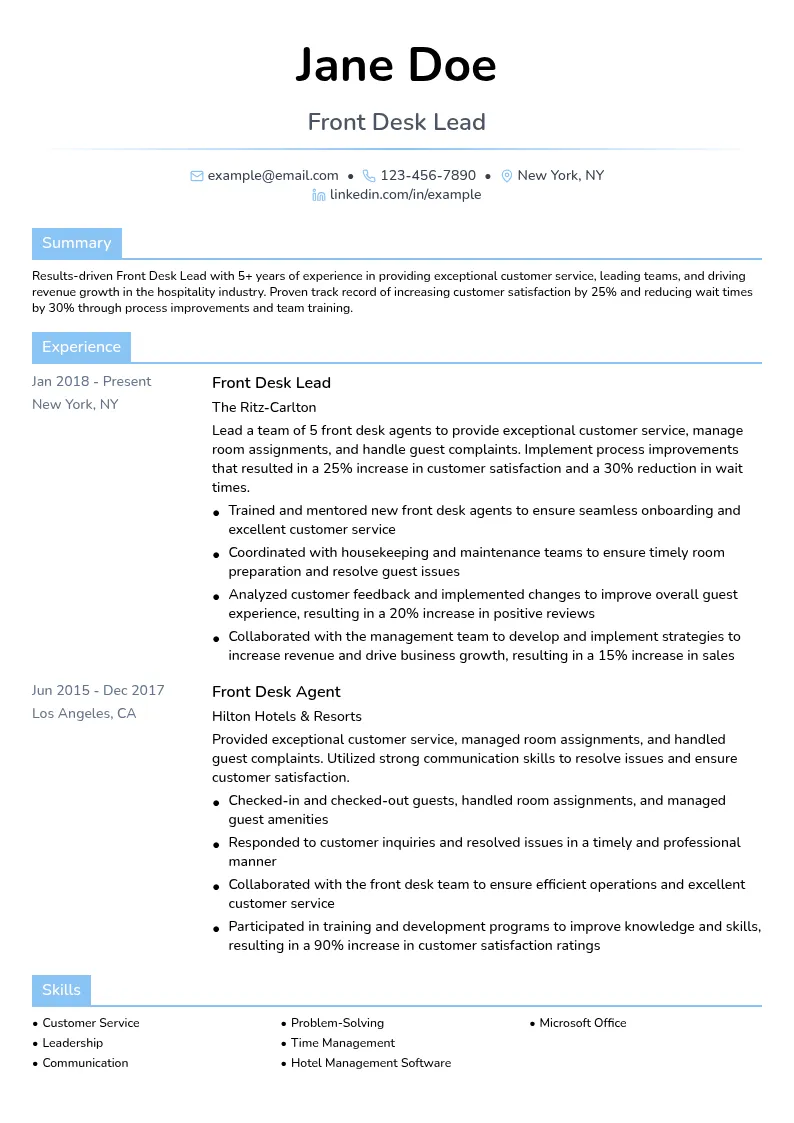 Front Desk Lead resume example