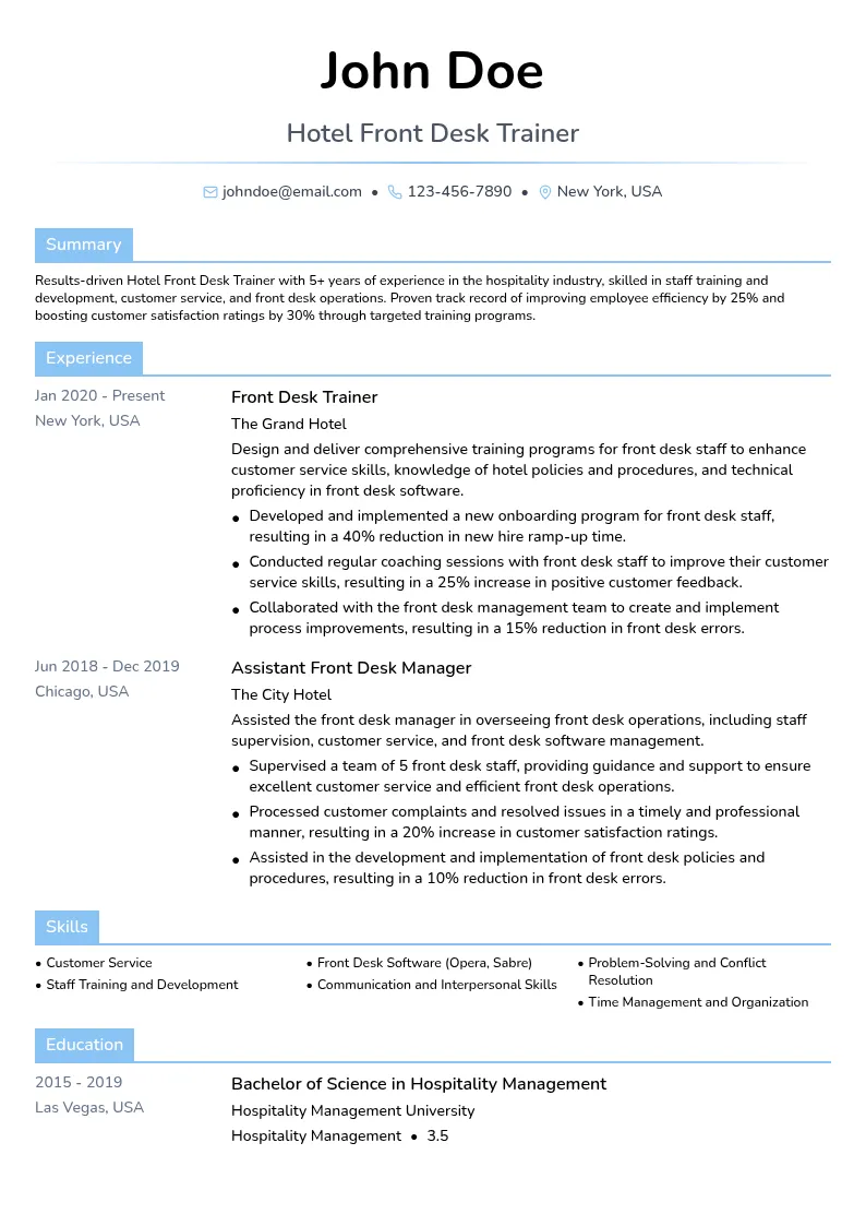 Hotel Front Desk Trainer resume example