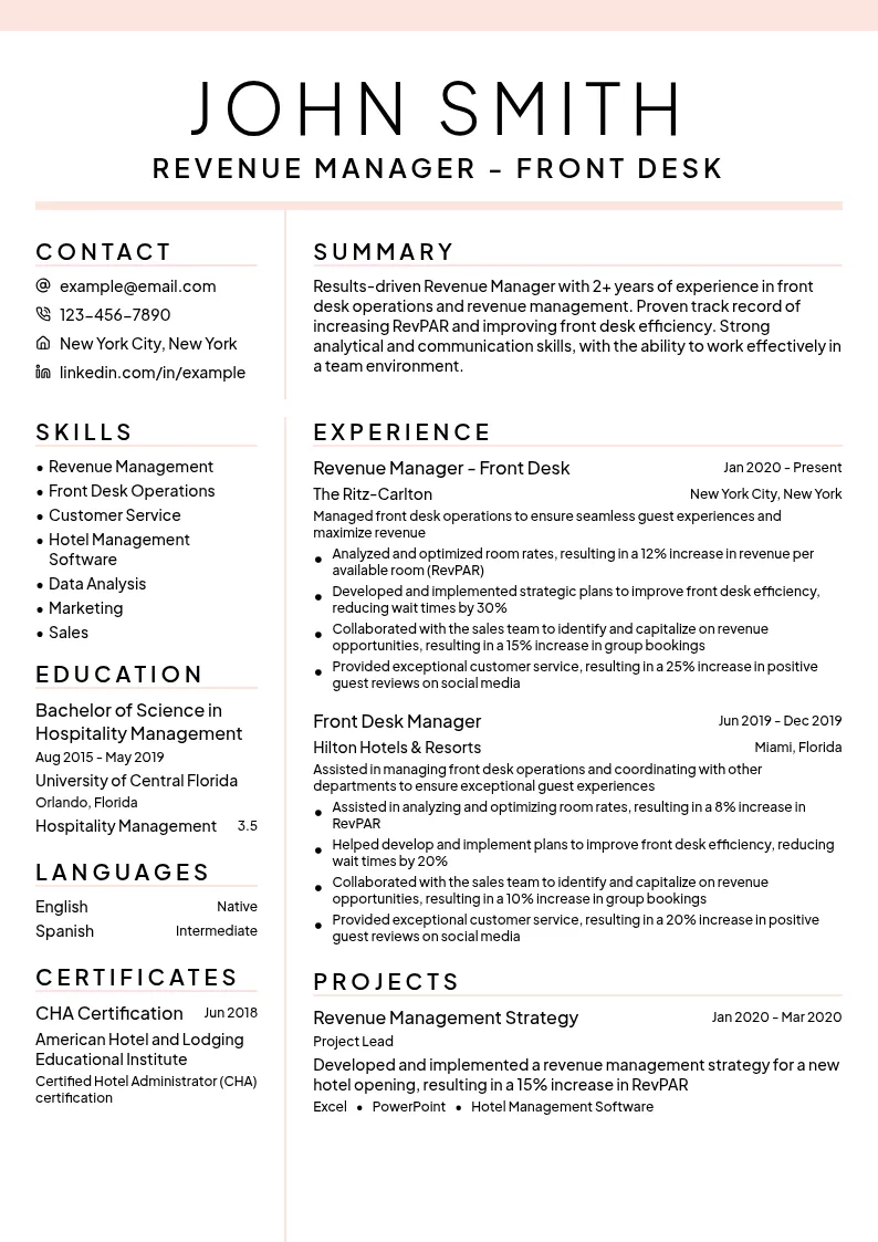 Revenue Manager - Front Desk resume example