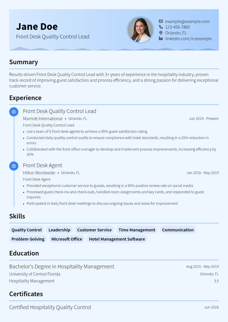 Front Desk Quality Control Lead resume example