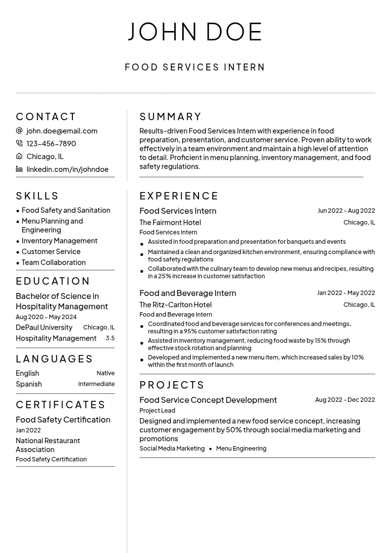 Food Services Intern resume example
