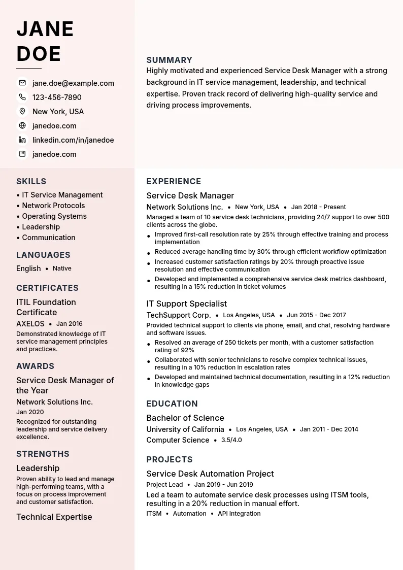 Service Desk Manager resume example