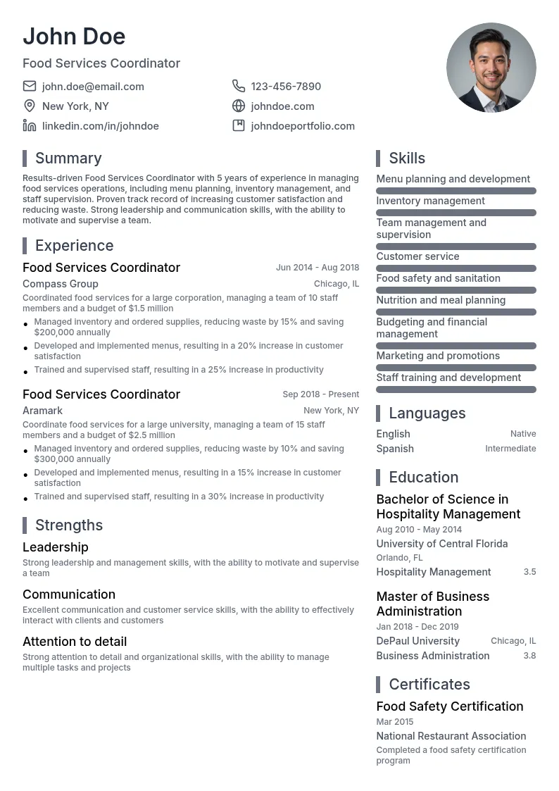 Food Services Coordinator resume example