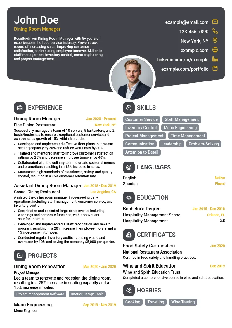 Dining Room Manager resume example