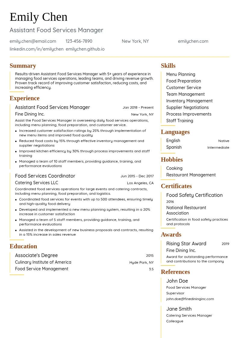 Assistant Food Services Manager resume example