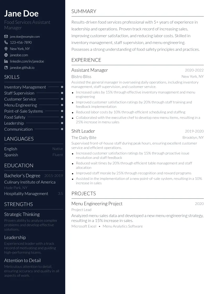Food Services Assistant Manager resume example