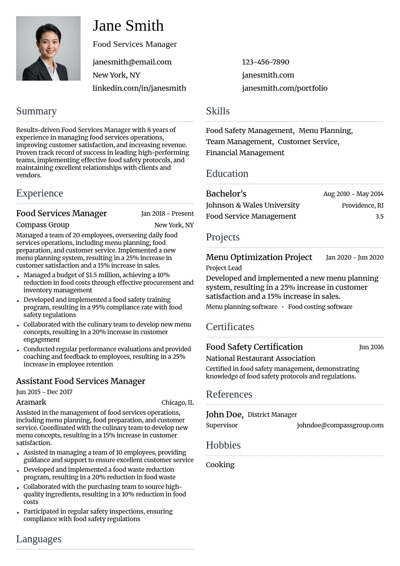 Food Services Manager resume example